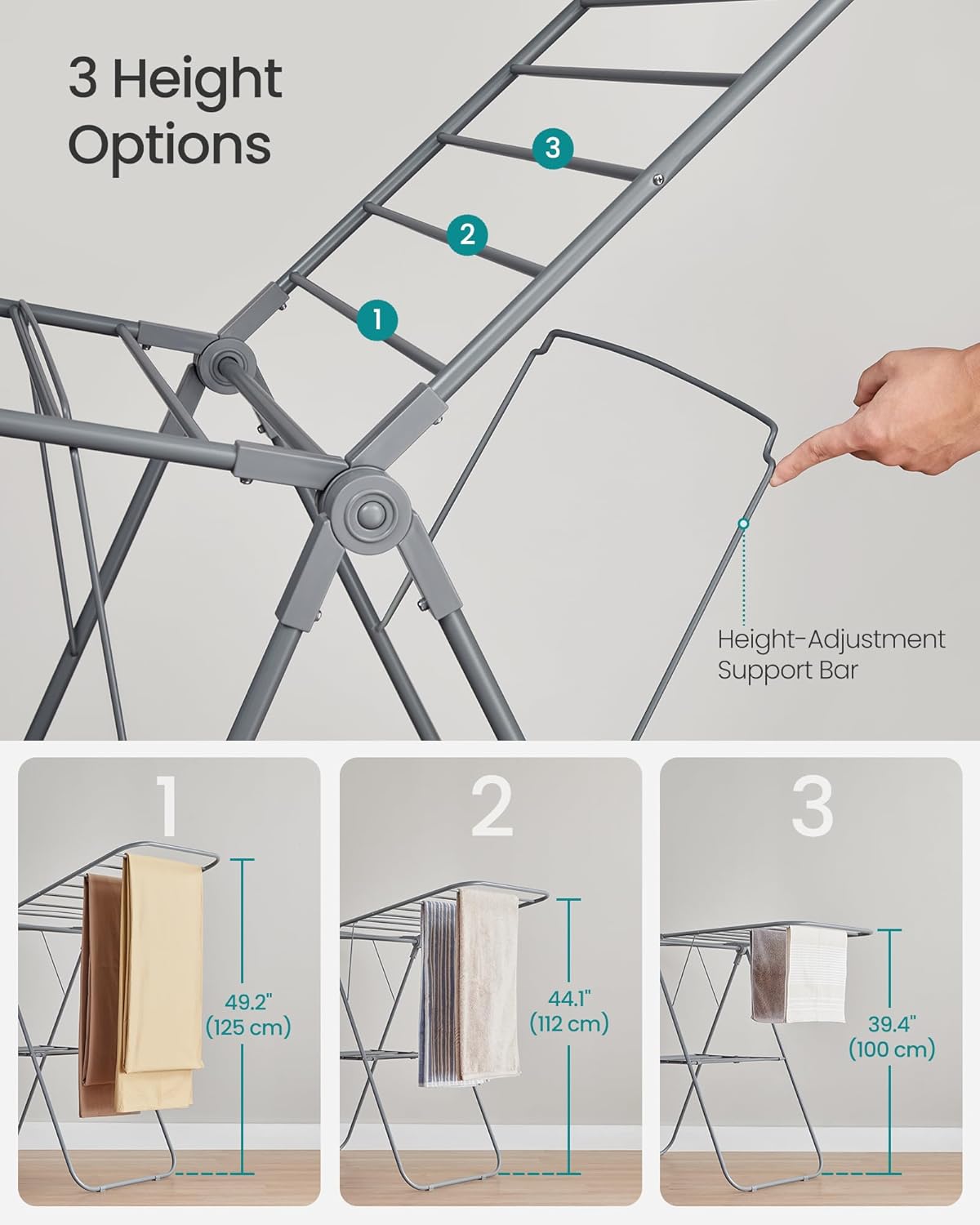 SONGMICS Clothes Drying Rack, with Sock Clips, Metal Laundry Rack, Foldable, Space-Saving, Free-Standing Airer, with 2 Height-Adjustable Gullwings, Indoor Outdoor Use, Gray ULLR052G01 - NestledHome