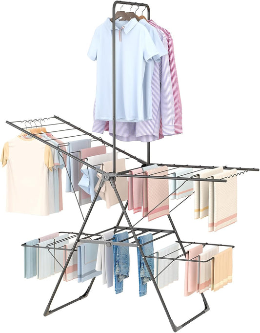 Bigzzia Clothes Drying Rack Foldable, 68.9Inch High Hanger Laundry Drying Rack with 4 Height-Adjustable Wings, Lightweight and Space Saving Clothes Airer for Apartments, Dorms, Camping - NestledHome
