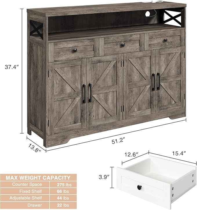 Farmhouse Buffet Cabinet with Drawers, Sideboard with Storage, Kitchen Pantry Cabinet Hutch, Wood Coffee Bar Station for Kitchen, Livingroom, 52" L Rustic Grey
