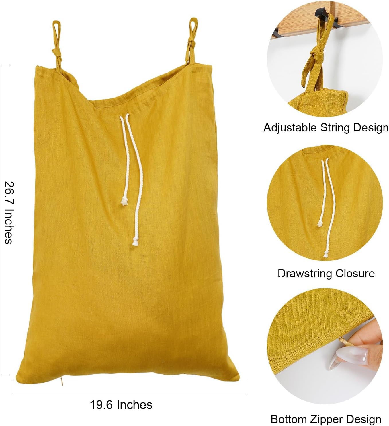 Linen Hanging Laundry Bag, Over The Door Laundry Hamper for Dirty Clothes, Drawstring Closure with Bottom Zipper, Turmeric - NestledHome