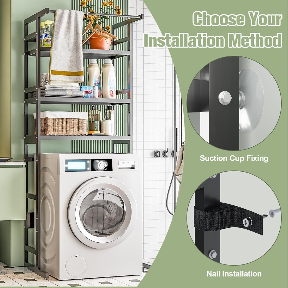 Dryer Storage Shel andf Over The Washer - Adjustable 4-Tier Heavy Duty Laundry Room Organizer, All Carbon Steel Standing Shelf with Hanging Rod, Anti-Tip Design, Super Stable 29.93" L x 11" D x 73" H - NestledHome