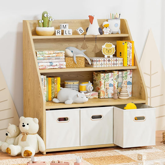 Kids Bookshelf and Toy Organizer, Wooden Kids Bookcase, Toddler Montessori Bookshelf with 3 Movable Drawers, Toy Storage Organizer for Kids Room, Living Room, Nursery - NestledHome