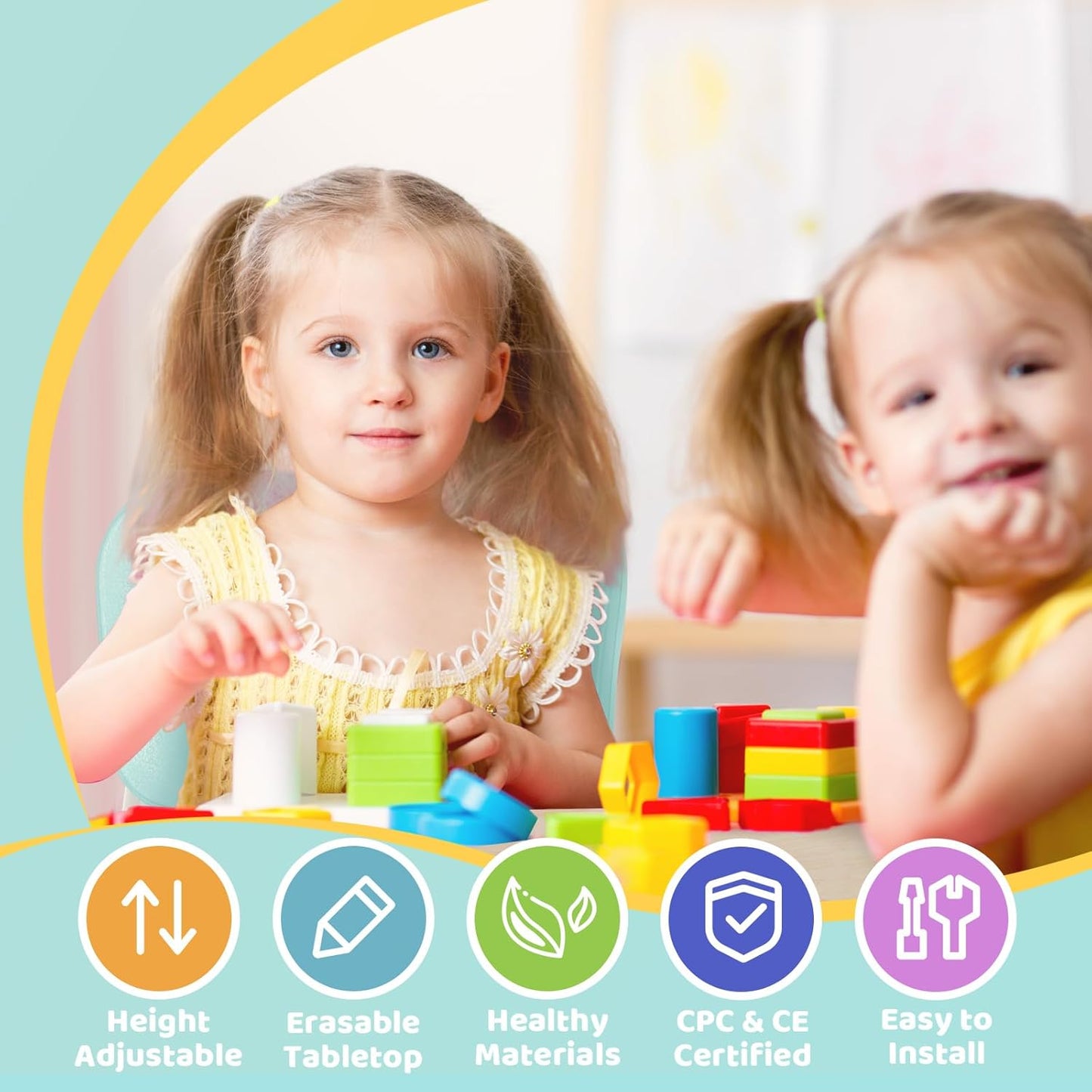 FUNLIO Kids Table and 4 Chairs Set, Height Adjustable Toddler Table and Chair Set for Ages 3-8, Easy to Wipe Arts & Crafts Table, for Classrooms/Daycares/Homes, CPC & CE Approved (5-Piece Set) - Green - NestledHome