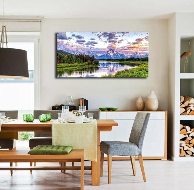 Landscape Canvas Wall Art Nature Picture Oxbow Bend Grand Teton National Park Modern Canvas Artwork River and Forest Contemporary Wall Art Large Size for Home Office Decoration 20" x 40"