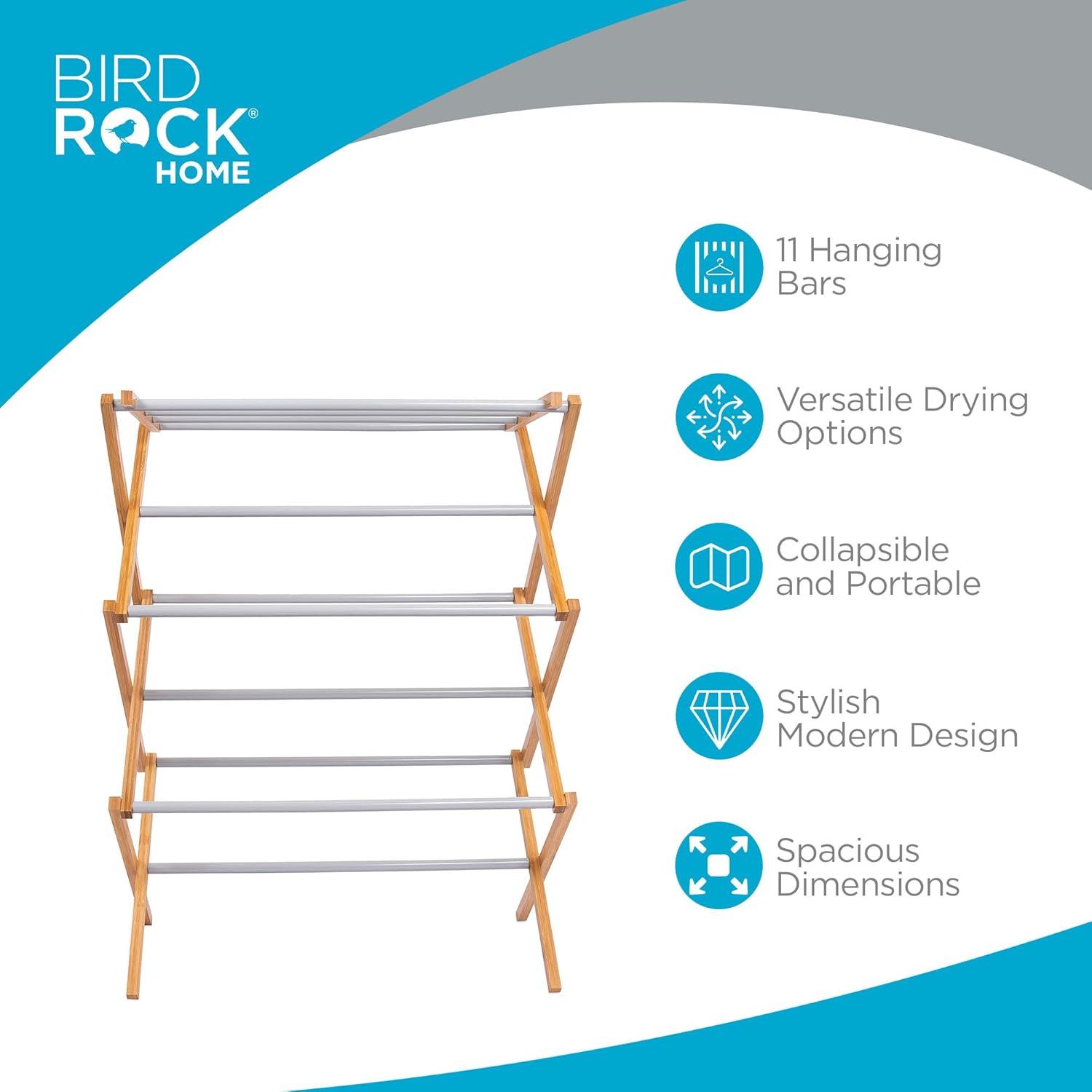 BirdRock Home Wooden Clothes Drying Rack | 3-Tier Foldable Bamboo Laundry Stand | Water-Resistant, Fully Assembled, Collapsible Indoor/Outdoor Dryer for Hanging Clothes | Grey - NestledHome