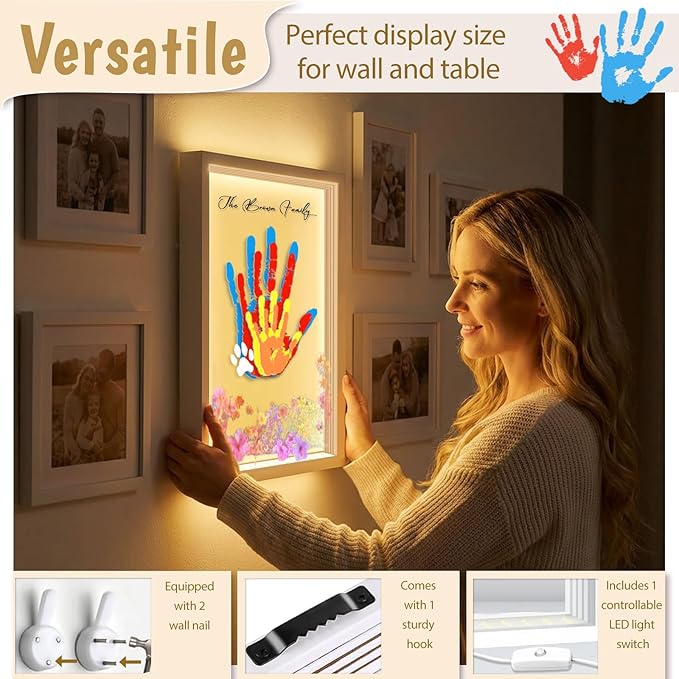 OurWarm Family Handprint Kit with Light, DIY Handprint Family Keepsake Wooden Frame with Sticker & Non-Toxic Baby Safe Paint, Baby Keepsake Gifts for Newborn, Mother's Day, New Parents, Adoption Day