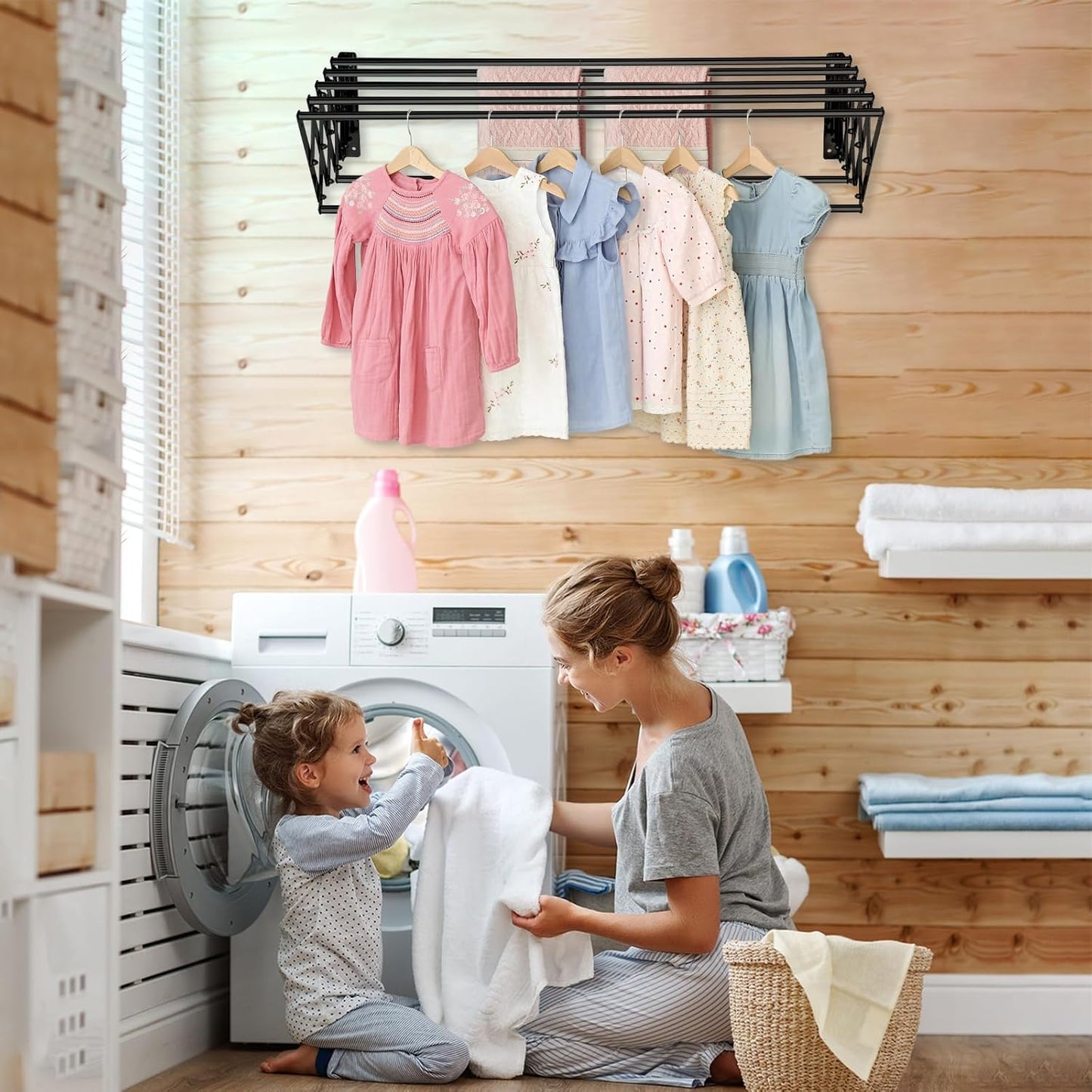 XL-31.5'' Wall Mounted Clothes Drying Rack, 130 lbs Large Capacity Rustproof Retractable Collapsible Drying Rack Easy Install with 7 Drying Rods, Space Saving Towel Clothes Rack for Laundry-Black - NestledHome