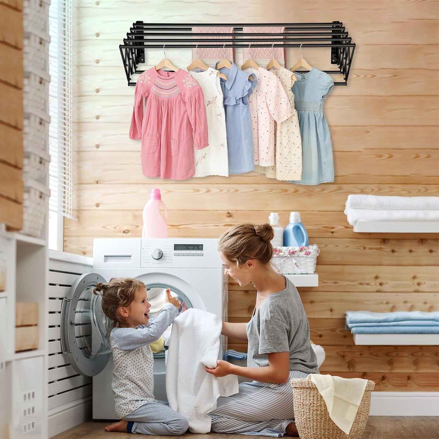 XL-31.5'' Wall Mounted Clothes Drying Rack, 130 lbs Large Capacity Rustproof Retractable Collapsible Drying Rack Easy Install with 7 Drying Rods, Space Saving Towel Clothes Rack for Laundry-Black - NestledHome