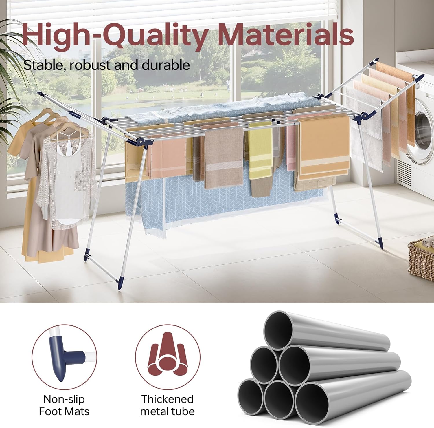 APEXCHASER Clothes Drying Rack Foldable, Large Drying Rack for Clothing Retractable, Winged Laundry Rack Folding Indoor Outdoor, Metal Clothes Airer for Bedding Towel Sweater Heavy Duty, White - NestledHome