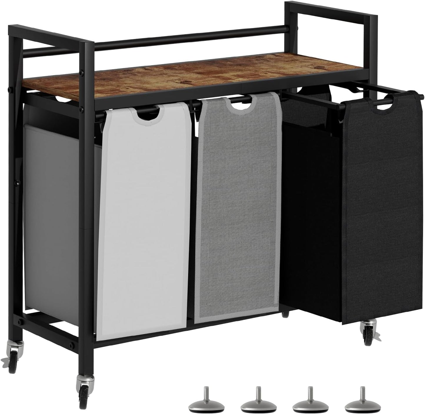 Laundry Hamper, Laundry Basket, Laundry Sorter with 3 Removable Bags, Clothes Basket with 3 Compartments, Wheels, Shelf for Laundry Room Bathroom Bedroom (3 Bags-Black Grey White) - NestledHome