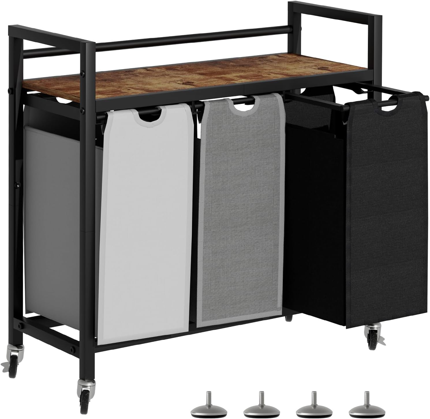 Laundry Hamper, Laundry Basket, Laundry Sorter with 3 Removable Bags, Clothes Basket with 3 Compartments, Wheels, Shelf for Laundry Room Bathroom Bedroom (3 Bags-Black Grey White) - NestledHome