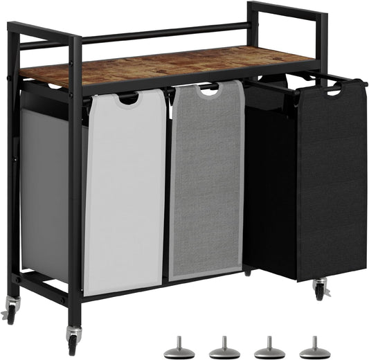Laundry Hamper, Laundry Basket, Laundry Sorter with 3 Removable Bags, Clothes Basket with 3 Compartments, Wheels, Shelf for Laundry Room Bathroom Bedroom (3 Bags-Black Grey White) - NestledHome