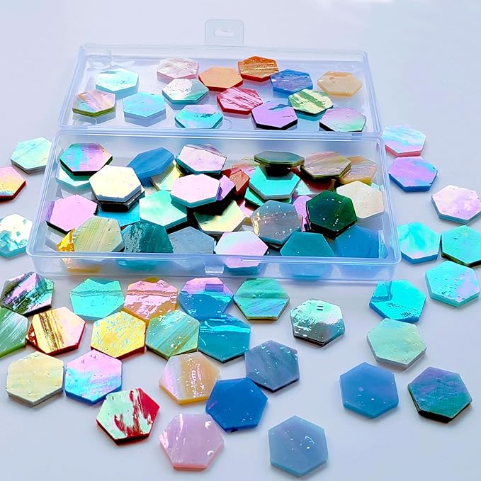 100 pcs Hexagon Iridescence Stained Glass Pieces Mosaics Tiles for Crafts Bulk, Hand Precut Mosaic for Bee Honeycombs, Mosaic Kits for Adults