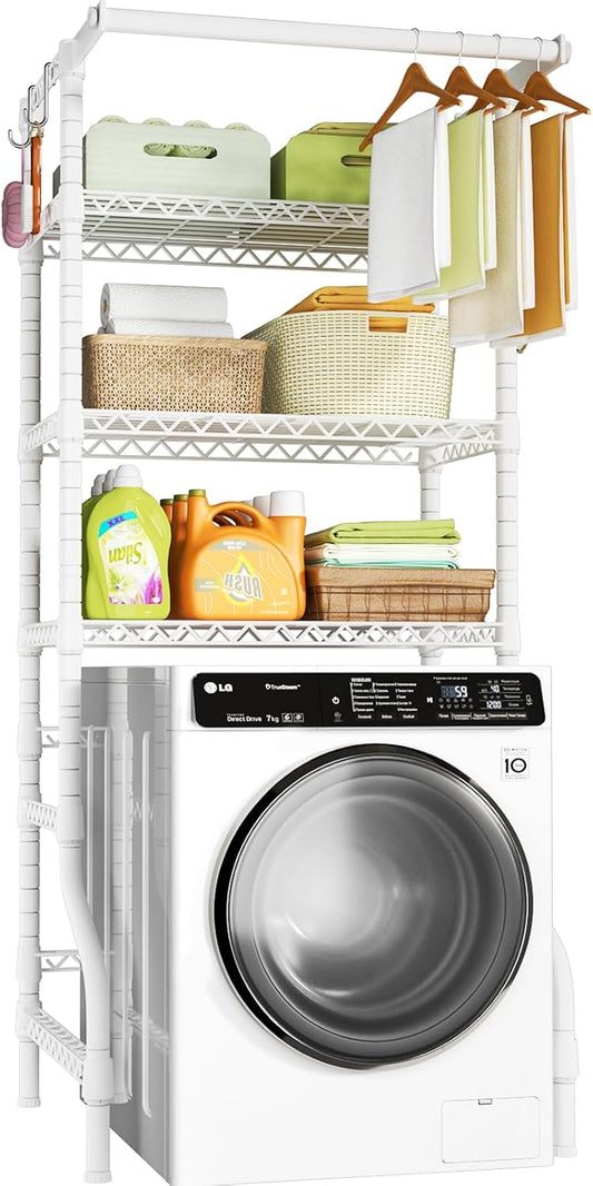 Ulif U11 Medium Over Washer and Dryer Shelves, 3 Tiers Laundry Room Storage and Organizer Standing Shelf, Metal Freestanding Clothes Drying Rack, 31.1”W x 19.7”D x 77.6”H, White - NestledHome