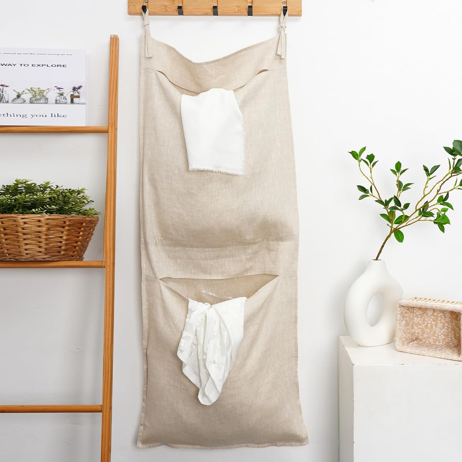 100% Linen Hanging Laundry Bag with 2 Compartments, Over the Door Laundry Hamper, Dirty Clothes Space Saving Organizer 19.7 x 47 Inches, Linen - NestledHome