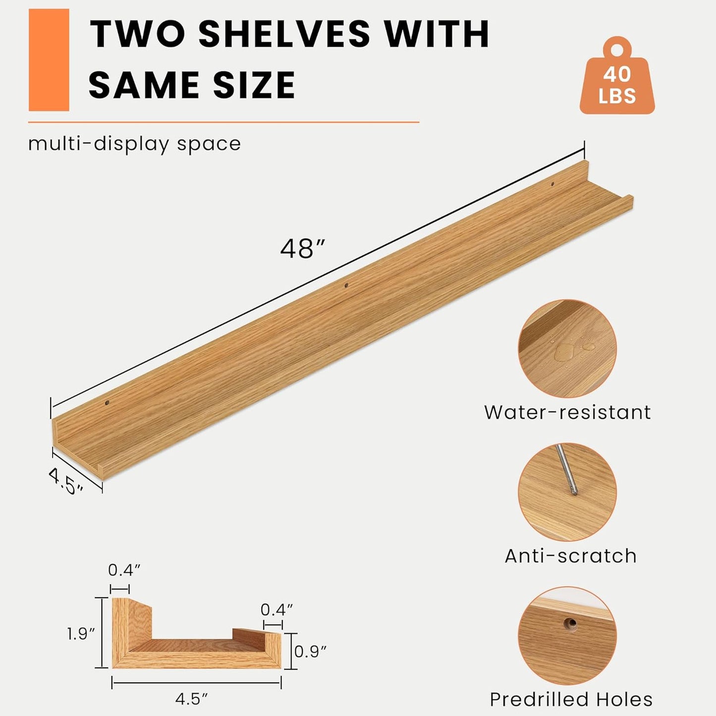 Heimlove Picture Ledge Shelf, Floating Shelves Set of 2, 48 Inches Picture Shelf for Wall with Ledge, Kids Bookshelf Wall Mounted for Living Room Bedroom Decor Books Photo Frames, Natural Oak