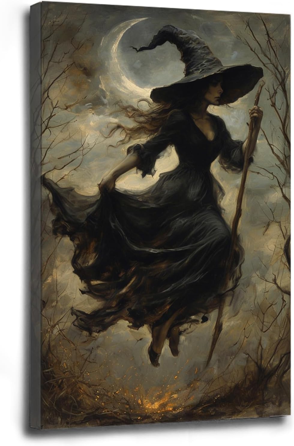 Witch in the Forest Halloween Print Wall Art Poster Witch Decor Vintage Print Dark College Wall Art Victorian Gothic Room Decor Canvas Wall Print28x40in Wood Framed
