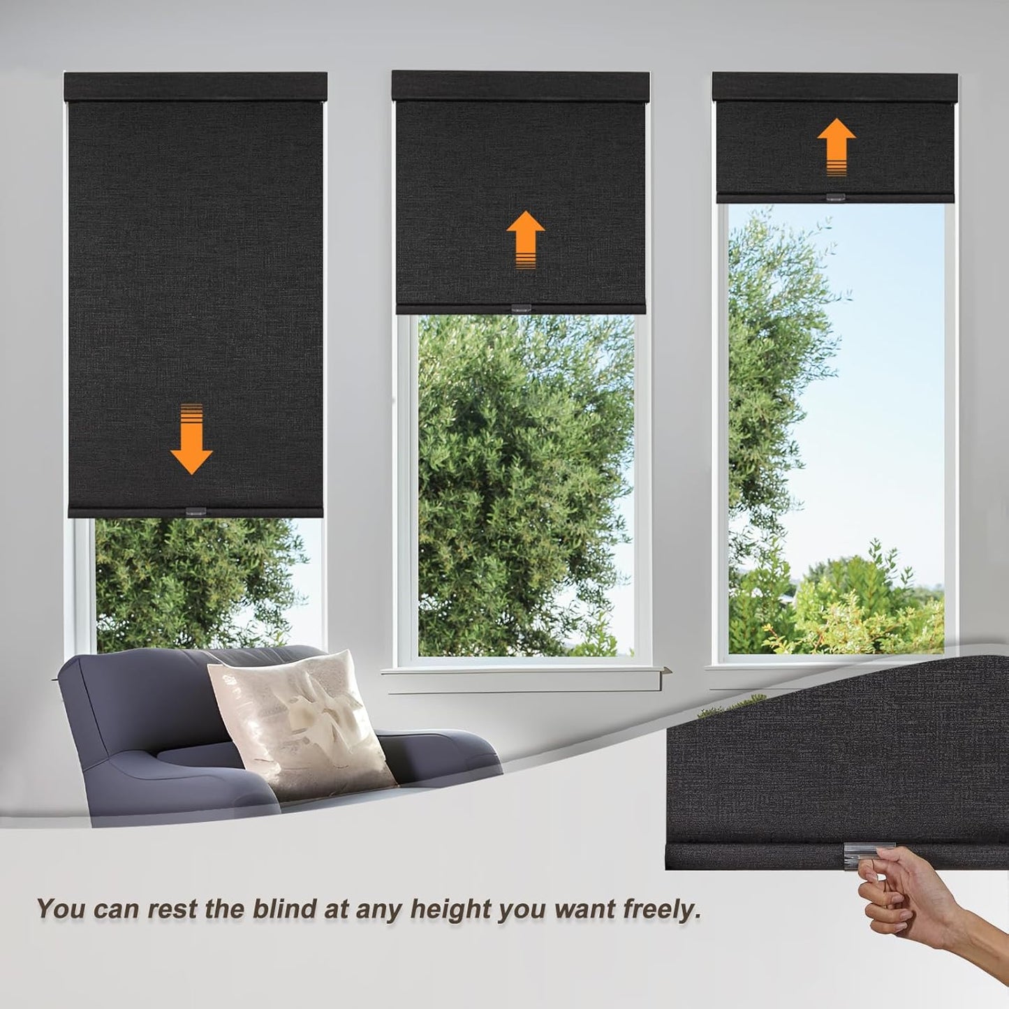 Persilux Free-Stop Cordless Blinds for Indoor Windows with Cover, Window Shades Blackout Roller Blinds, Thermal Insulated Fabric UV Protection for Kitchen, Office, Living Room, Black(35.5" W x 64" H)