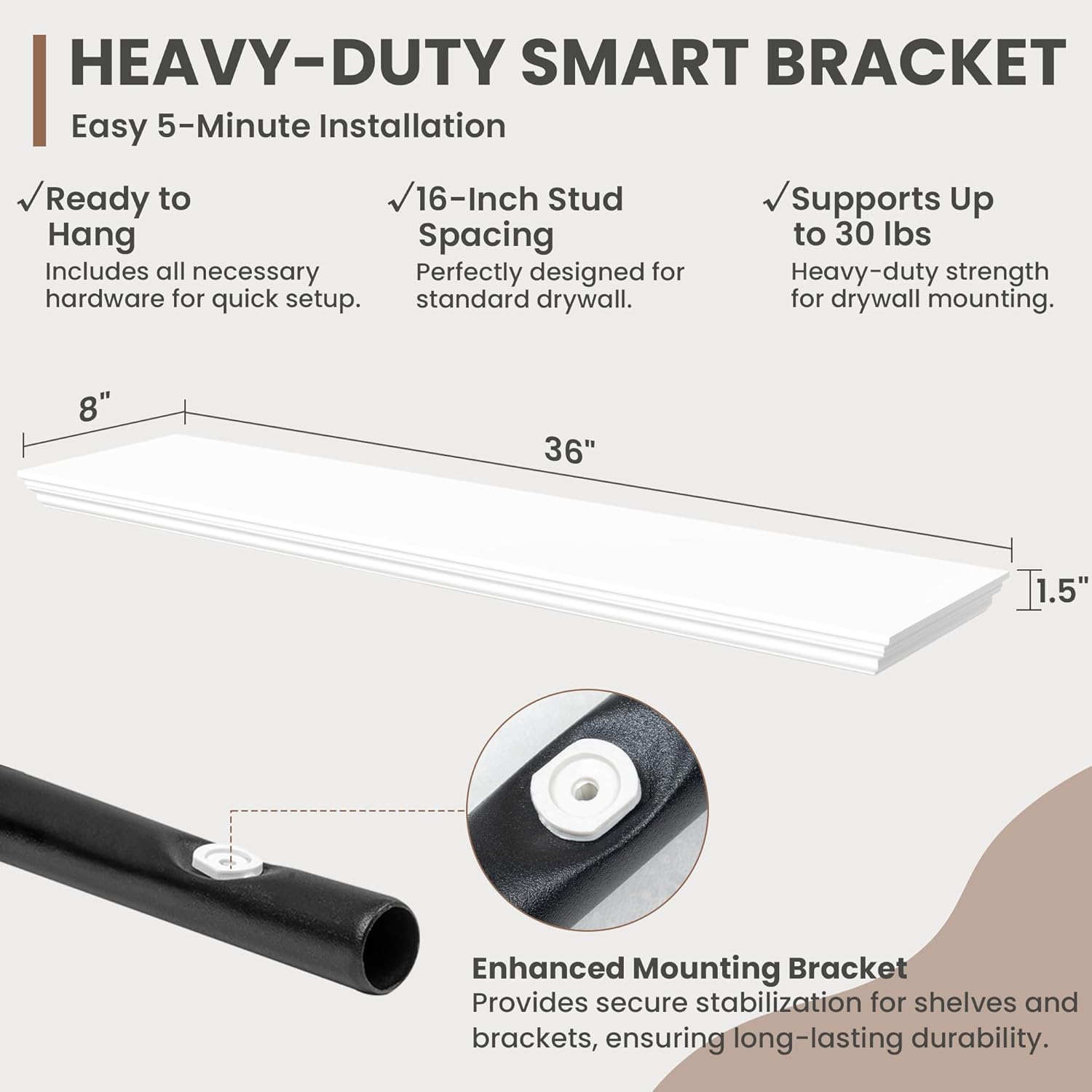Floating Shelves for Wall, 36 Inch Long Wall Mounted White Hanging Shelf for Kitchen, Living Room, Office, Bedroom, Bathroom, Retro Vintage Wood Bookshelf for House Decor - NestledHome