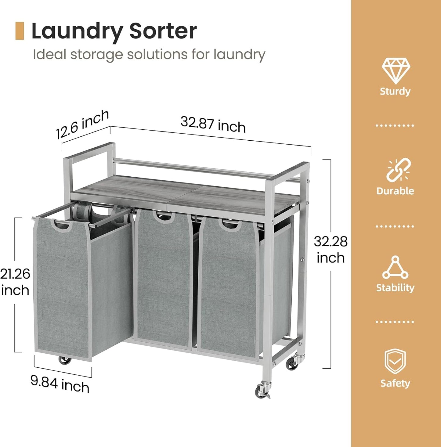 Laundry Hamper, Laundry Basket, Laundry Sorter with 3 Removable Bags, Clothes Basket with 3 Compartments, Wheels, Shelf for Laundry Room Bathroom Bedroom (3 Bags-Gray) - NestledHome