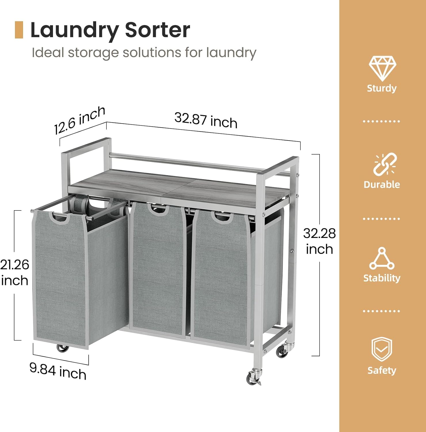Laundry Hamper, Laundry Basket, Laundry Sorter with 3 Removable Bags, Clothes Basket with 3 Compartments, Wheels, Shelf for Laundry Room Bathroom Bedroom (3 Bags-Gray) - NestledHome