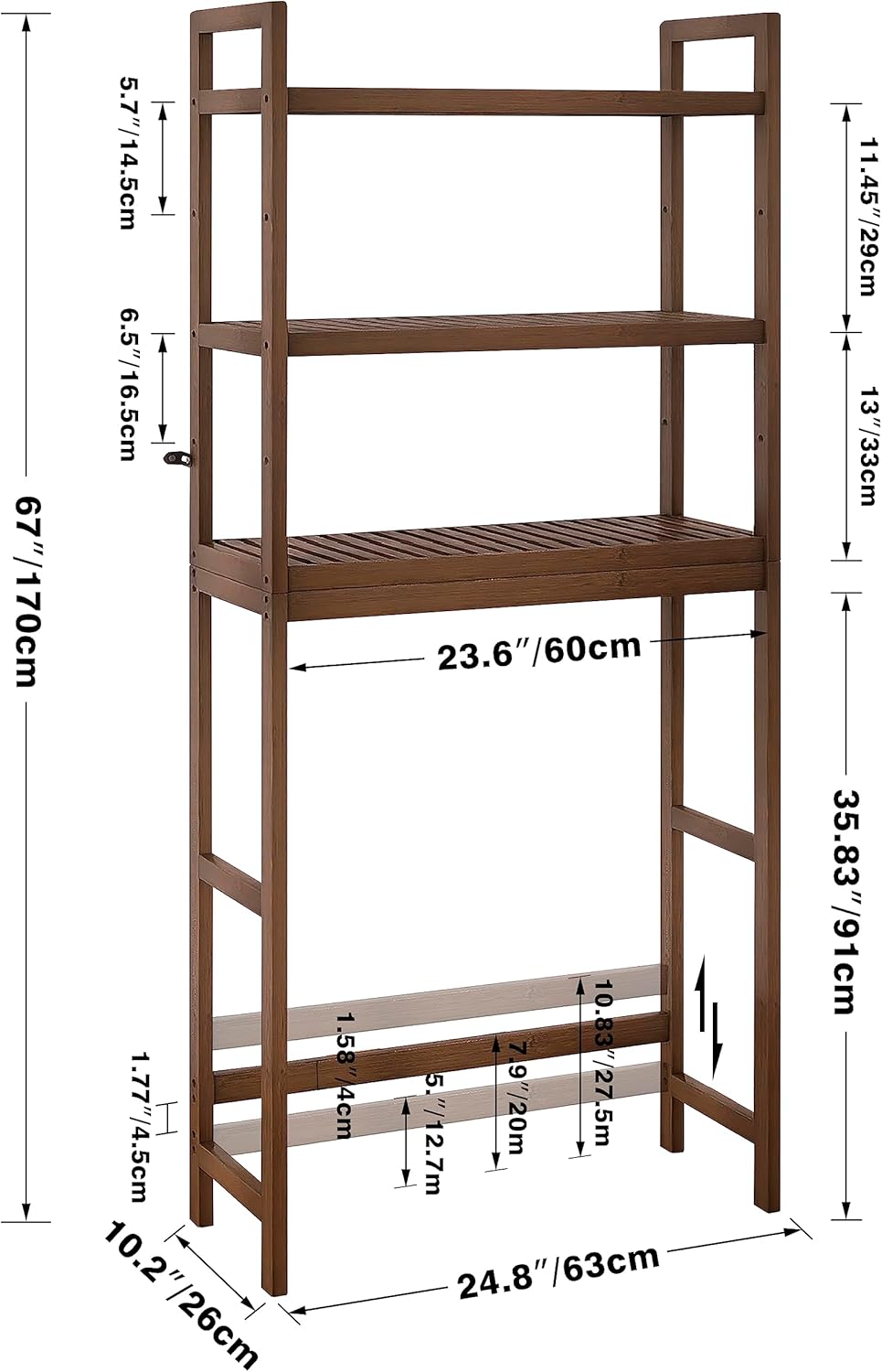 SMIBUY Bathroom Storage Shelf, Bamboo Over-The-Toilet Organizer Rack, Freestanding Toilet Space Saver with 3-Tier Adjustable Shelves (Walnut) - NestledHome