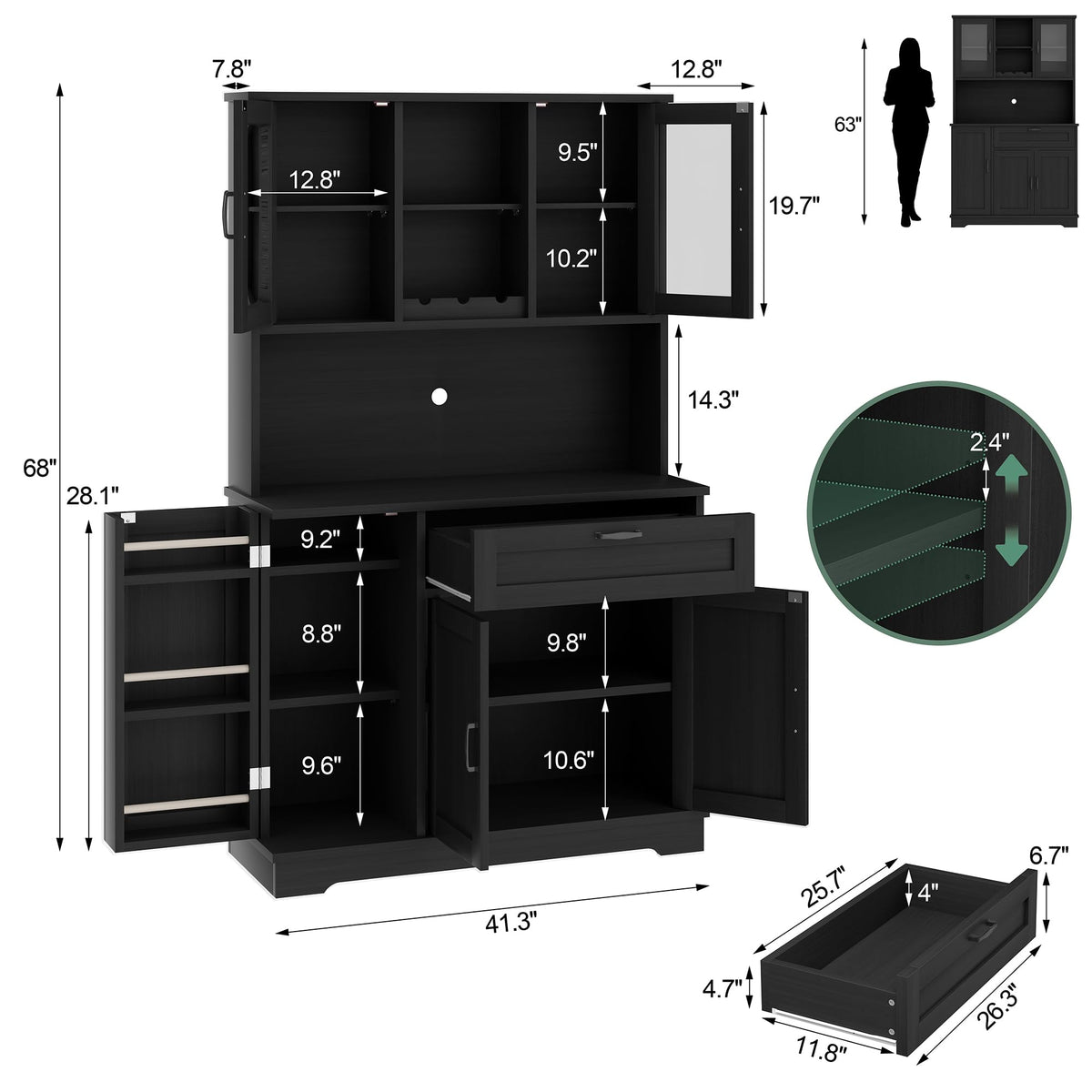 68" Kitchen Pantry Storage Cabinet