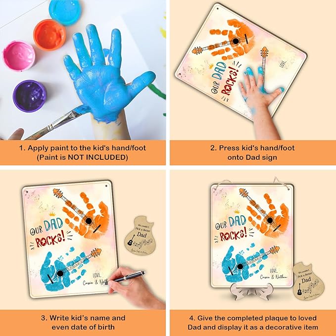 DIY Our Dad Rocks Guitar Craft Plaque Baby Handprint Gifts for Dad Papa Musician Guitar Player, Baby First Fathers Day Art Craft for Guitarist Father, Best Dad Ever Gifts with Kids Handprint Keepsake