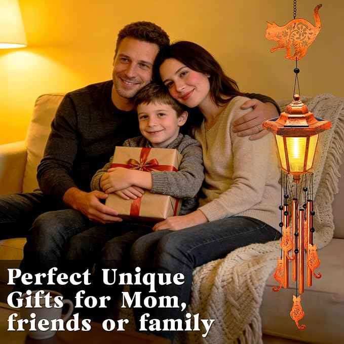 Cat Solar Wind Chimes for Outside, Birthday Gifts for Mom Women Grandma Mother's Day Memorial, 34-Inch Windchimes with Wind Spinner, Outdoor Hanging Solar Lights Waterproof Patio Yard Garden Decor
