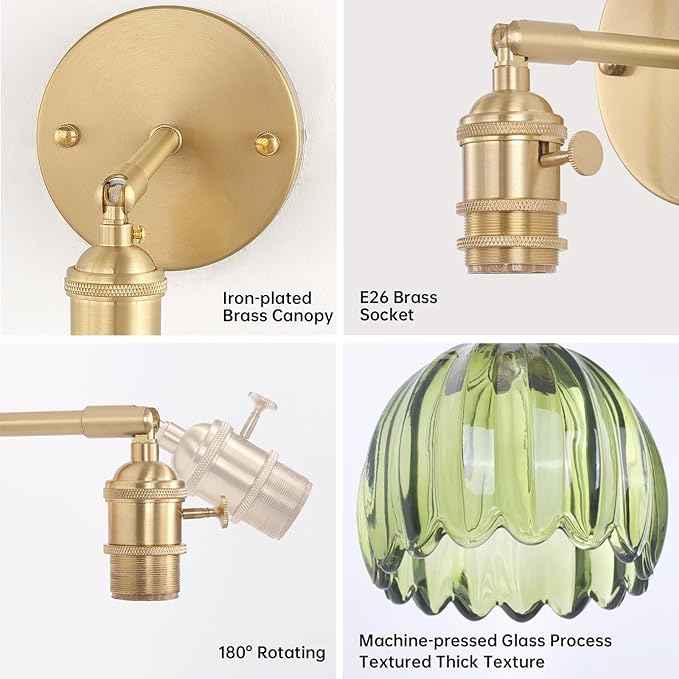 Vintage Battery Operated Wall Sconce with Green Tulip Glass Lampshade 5000 mAh Rechargeable Battery Powered Wall Light with Remote Control for Bedside Bedroom Doorway, Set of 2