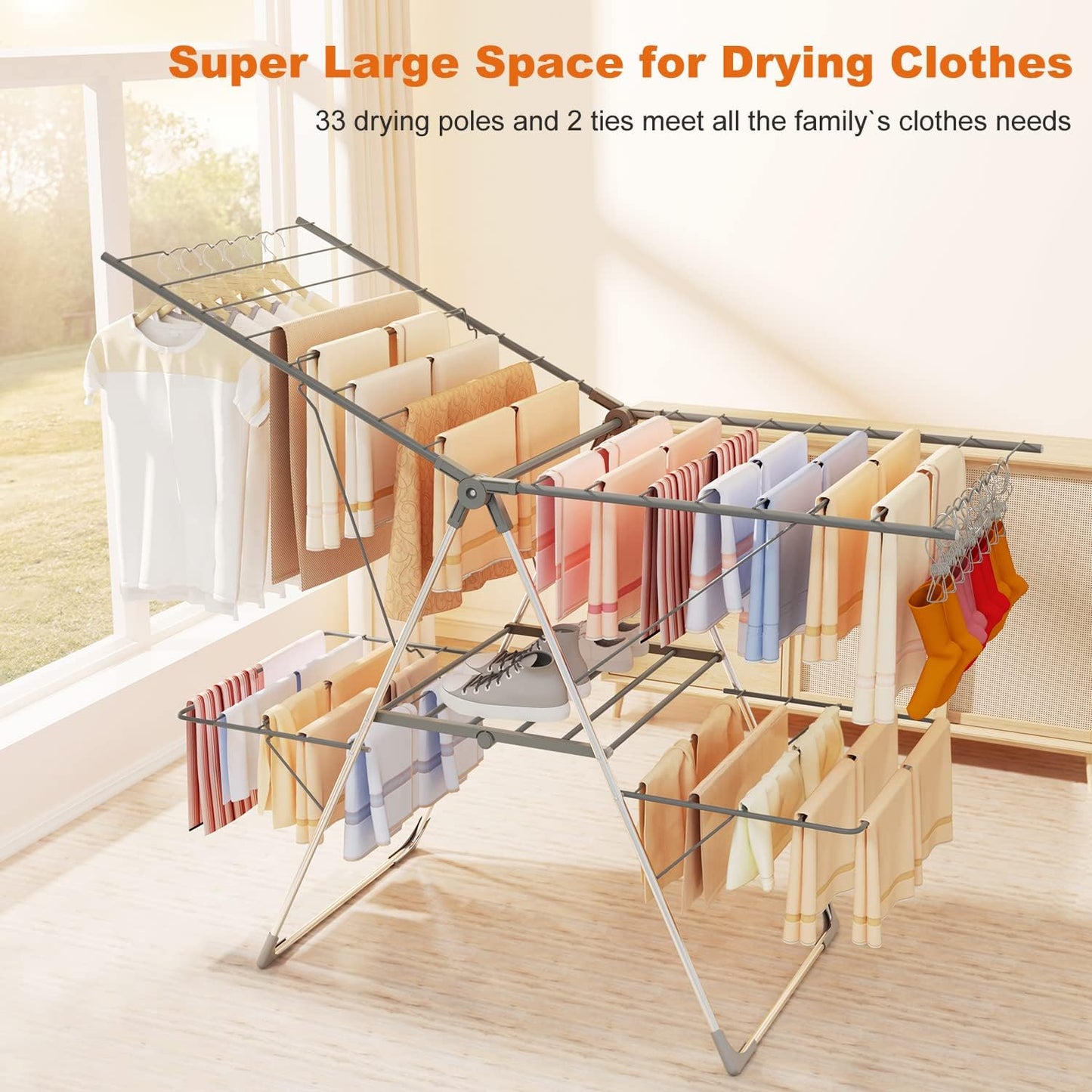 Bigzzia Clothes Drying Rack Foldable, 2-Level Large Laundry Drying Rack Collapsible, Stainless Steel Drying Rack Clothing for Indoor Outdoor, Easy to Fold, 33 Drying Rails, 142cm, Gray - NestledHome