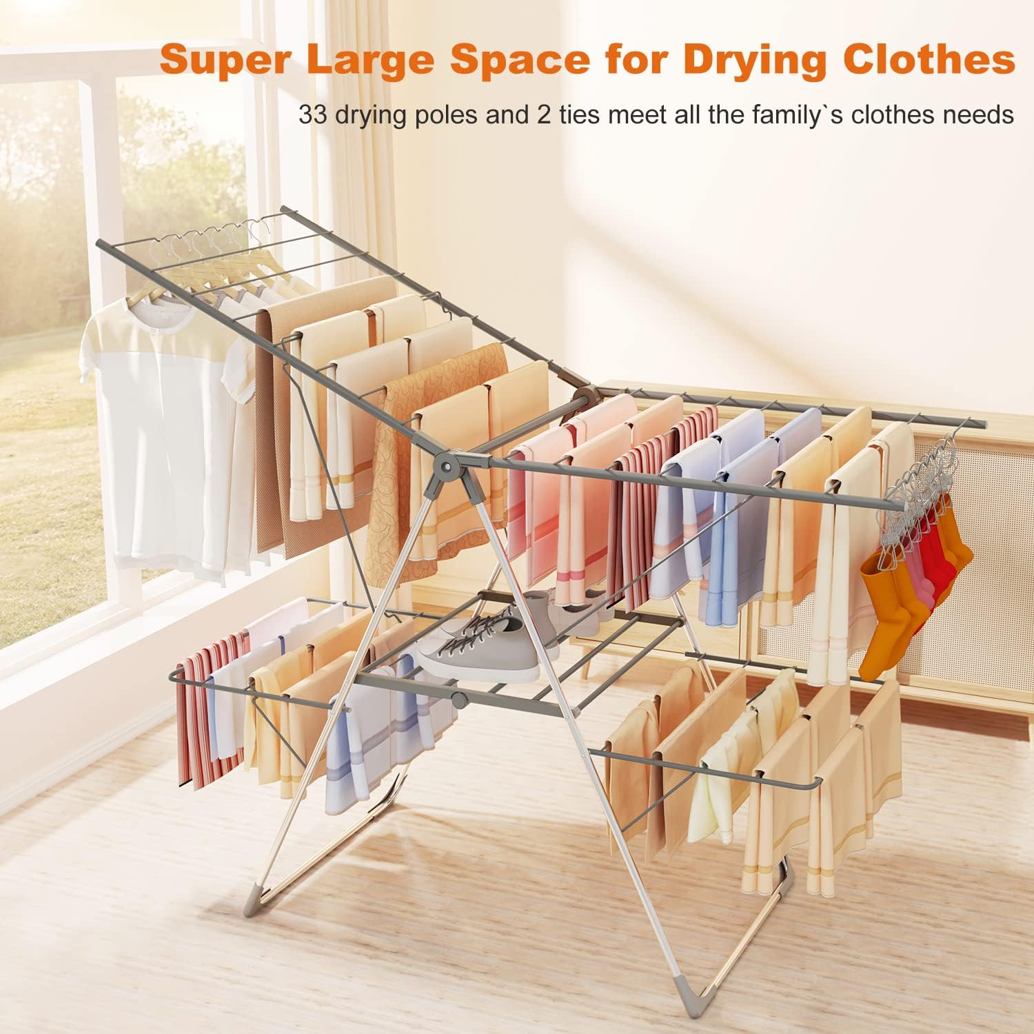 Bigzzia Clothes Drying Rack Foldable, 2-Level Large Laundry Drying Rack Collapsible, Stainless Steel Drying Rack Clothing for Indoor Outdoor, Easy to Fold, 33 Drying Rails, 142cm, Gray - NestledHome
