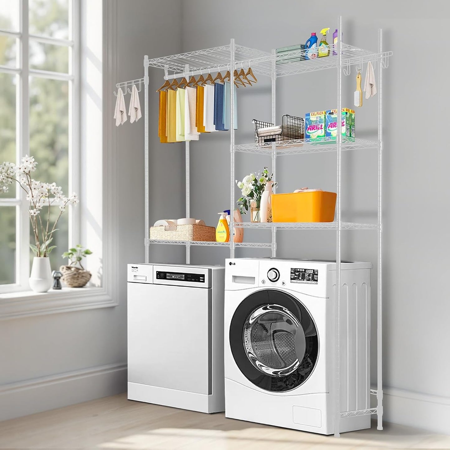 VEVOR Over The Washer and Dryer Storage Shelf, 5 Tier Laundry Room Drying Rack with Hanger Rod and Hooks, Adjustable Over Washer and Dryer Shelves, Laundry Room Shelf Storage Space Saver, White - NestledHome