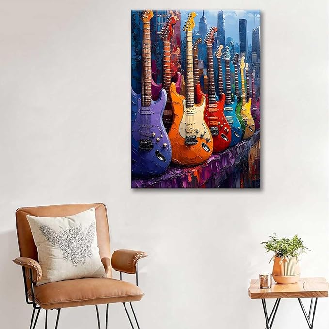 Paint by Numbers Kit for Adults Framed, Colorful Electric Guitars with City Skyline, DIY Oil Painting, Pre-Printed Canvas Wall Art Home Decor Gift, 20x24inch Framed, 24 Colors