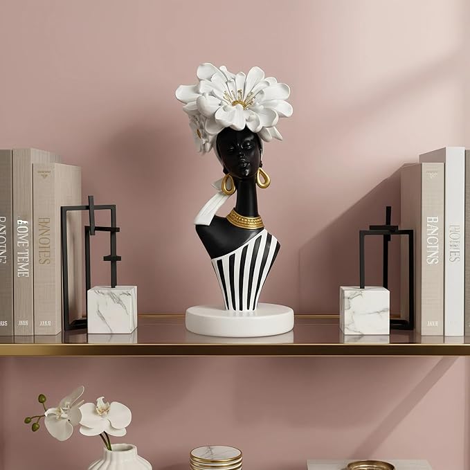 African Woman Art Sculpture with White Flower Crown, Black and White Art Statue,Elegant African-Inspired Art Gift Suitable for Various Settings Such as Home, Bookshelves, desks, or Offices