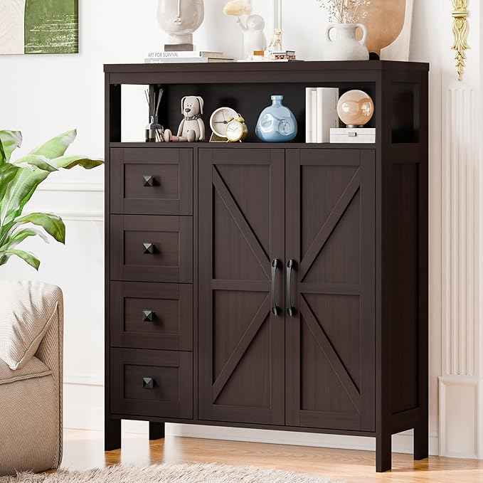 Vabches Farmhouse Storage Cabinet with 2 Doors and 4 Drawers, Freestanding Bathroom Compartment Kitchen Pantry Cabinet, Floor Cupboard for Kitchen/Living Room/Bathroom, Espresso