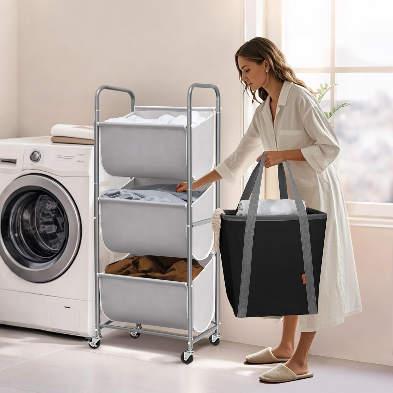 STORAGE MANIAC 120 Liters Vertical Rolling Laundry Hamper, 3 Section Laundry Sorter with Wheels and 2 Breaks, 3-tier Laundry Baskets for Small Space, Dorm, Laundry Room, Closet, Bathroom, Gray 3-tier - NestledHome