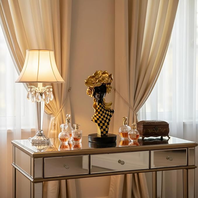 African Queen Sculpture Gold Flower Crown, Black and Gold Checkered Gift Statue, Luxury Art Figurine for Home Decor Shelf Table Display