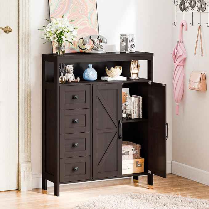 Vabches Farmhouse Storage Cabinet with 2 Doors and 4 Drawers, Freestanding Bathroom Compartment Kitchen Pantry Cabinet, Floor Cupboard for Kitchen/Living Room/Bathroom, Espresso