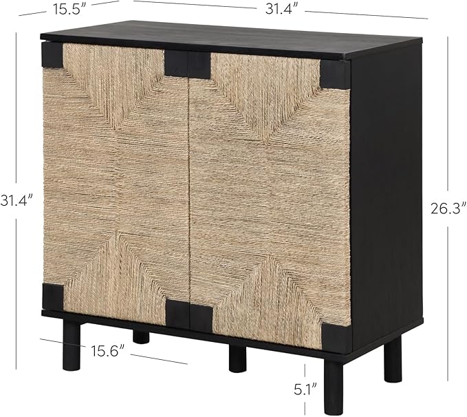 Nathan James Beacon Accent Natural Sideboard Storage Cabinet TV Stand in Wire-Brushed Wood with Adjustable Interior Shelf and Seagrass Doors, for Hallway, Entryway or Dining Room, Black, Set of 3