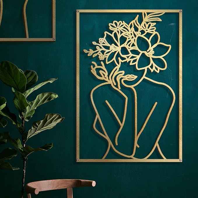 Glamativity 4 Pack Gold Wall Art Decor, Minimalist Single Line Real Metal Wall Art, Woman's Body Shape Abstract Wall Art (Gold Classic Style, 17 x 11.8'')