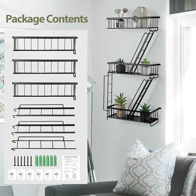 Fire Escape Wall Shelf - New York Decorative Ladder Shelf, Wall Art Floating Shelf Black Metal Shelves for Bedroom, Home Office Storage and Display (3-Tier)