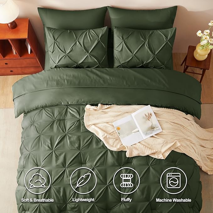 CozyLux Full Size Comforter Sets Olive Green, 7 Pieces Pintuck Bed in A Bag Green Comforter Full Size, Pinch Pleat Bedding Sets with All Season Comforter, Sheets, Pillowcases & Shams