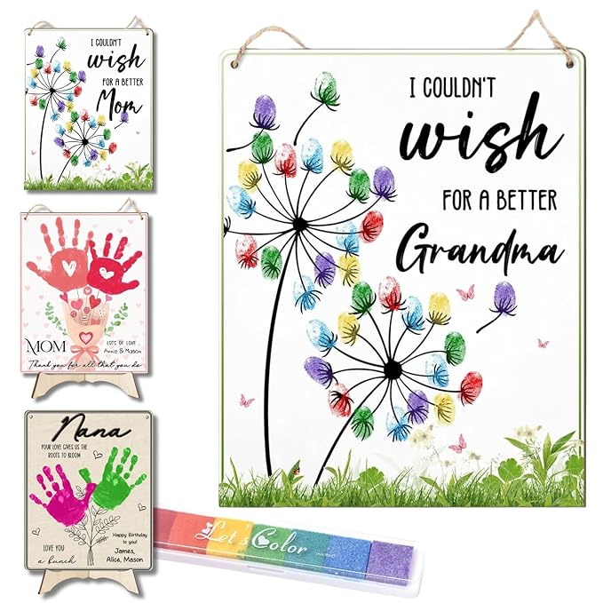 Dandelion DIY Custom Mothers Day Gift for Grandma Fingerprint Sign, Finger Prints Grandma Craft for Baby, First Mothers Day for Grandma, Memory Keepsake Kids Activity PreK Preschool (Wish Grandma)