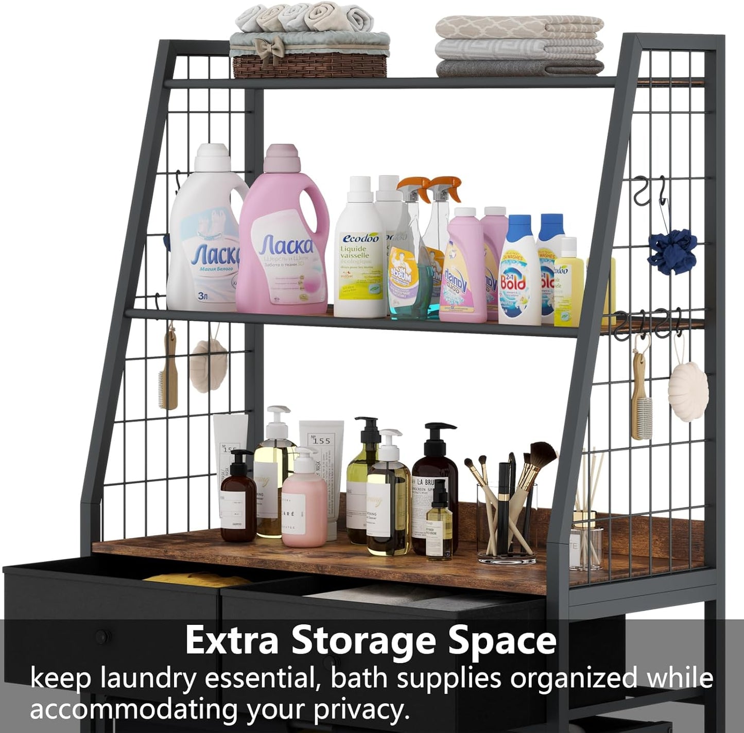 Laundry Hamper Laundry Basket with 3 Section Pull-Out Rolling Bags & 2-Tier Storage Shelf, Laundry Sorter for Organization and Storage with 2 Drawers for Laundry Room, Bathroom - NestledHome