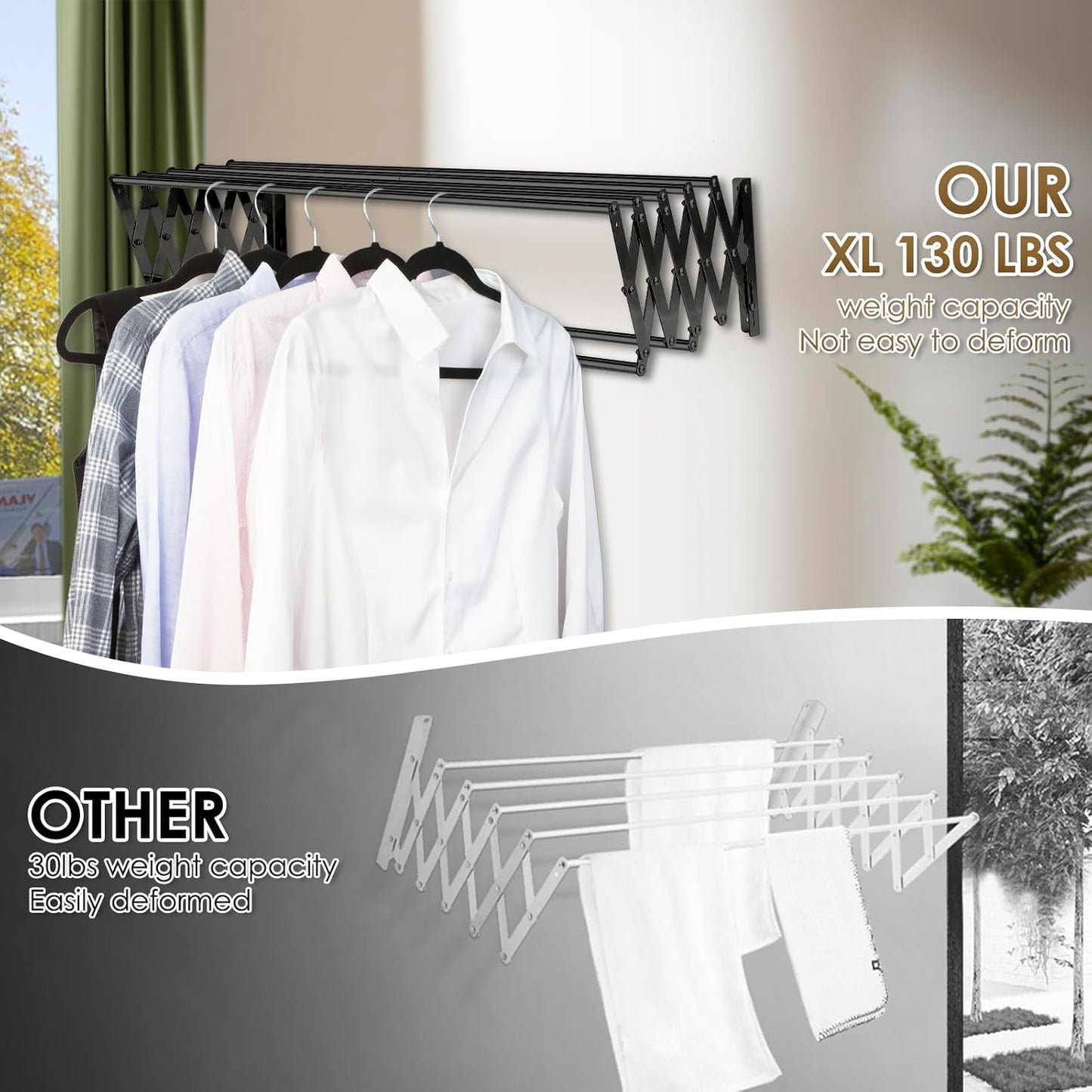 XL-31.5'' Wall Mounted Clothes Drying Rack, 130 lbs Large Capacity Rustproof Retractable Collapsible Drying Rack Easy Install with 7 Drying Rods, Space Saving Towel Clothes Rack for Laundry-Black - NestledHome