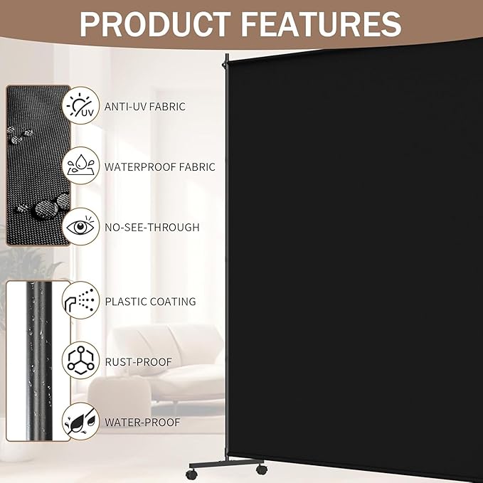 Single Panel Room Divider/Privacy Screen with Caster Wheels and Brakes - Stylish and Versatile Partition for Home,Office,School and Restauran (Black, 5FT*6FT)