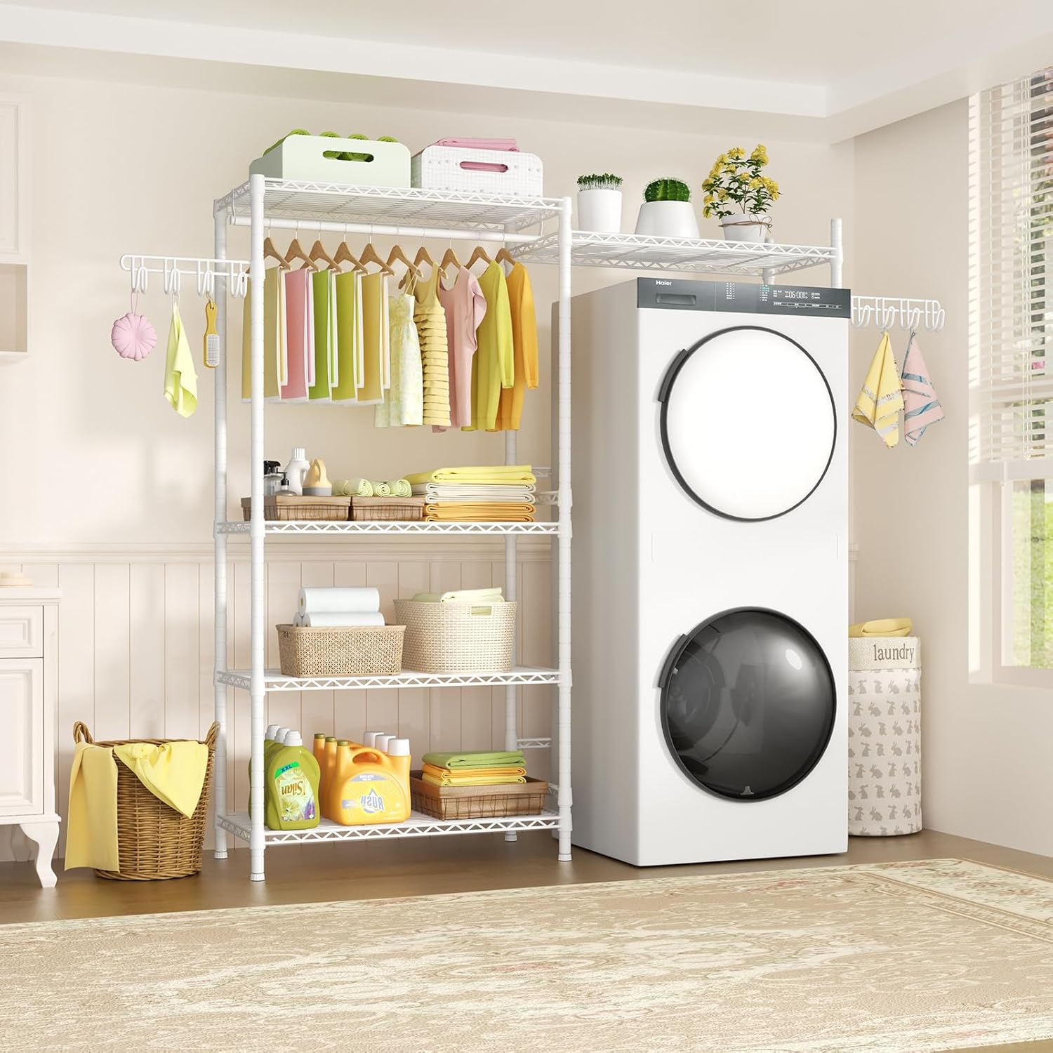 Ulif U5 Over the Washer and Dryer Storage Shelf, Laundry Room Space Saver Bathroom Storage and Organizer Rack for Hanging Towels and Drying Clothes with 5 Wire Shelves, 58.2"W x 13.4"D x 77.5"H, White - NestledHome