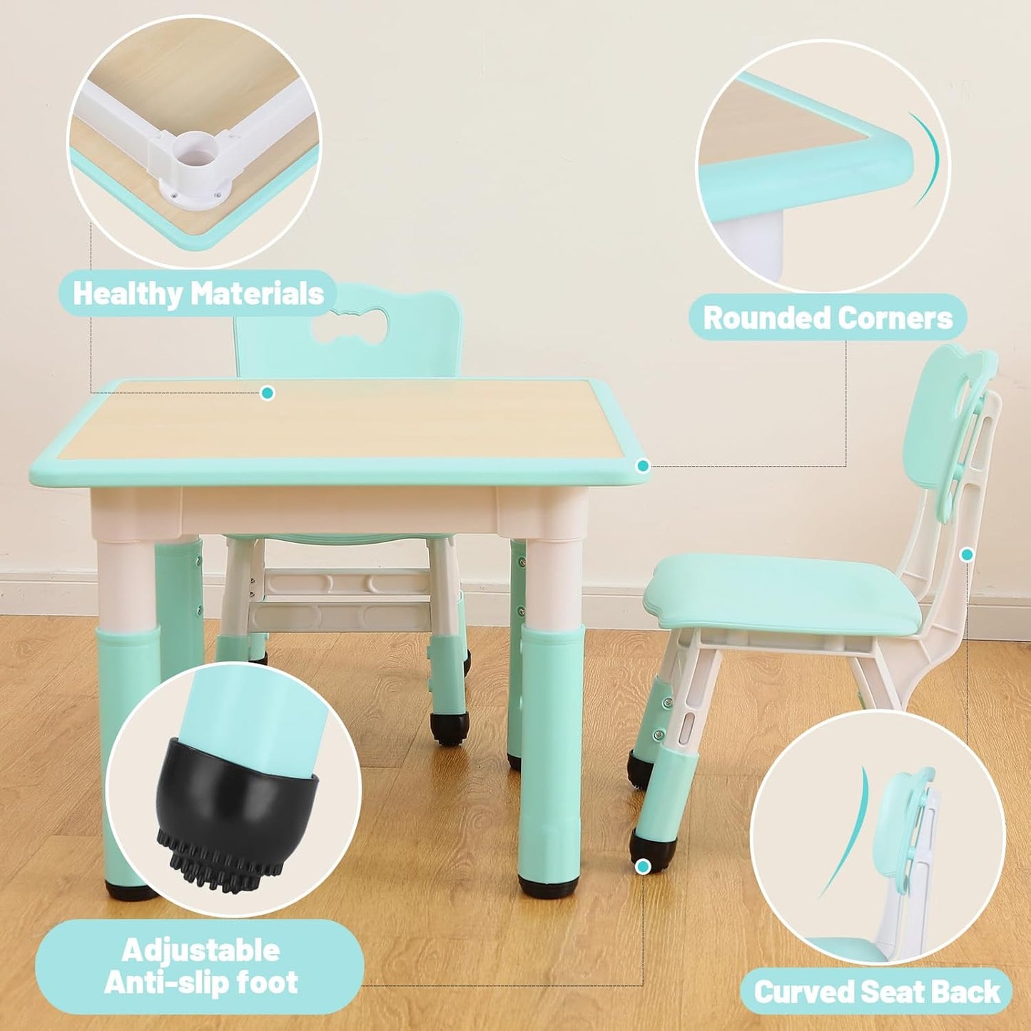 FUNLIO Kids Table and 4 Chairs Set, Height Adjustable Toddler Table and Chair Set for Ages 3-8, Easy to Wipe Arts & Crafts Table, for Classrooms/Daycares/Homes, CPC & CE Approved (5-Piece Set) - Green - NestledHome