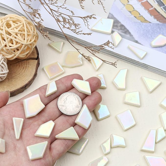 Youway Style Iridescent Cream Glass Mosaic Tiles for Crafs Bulk,200g Broken Stained Glass Pieces for Crafts DIY Mosaic Art Decor